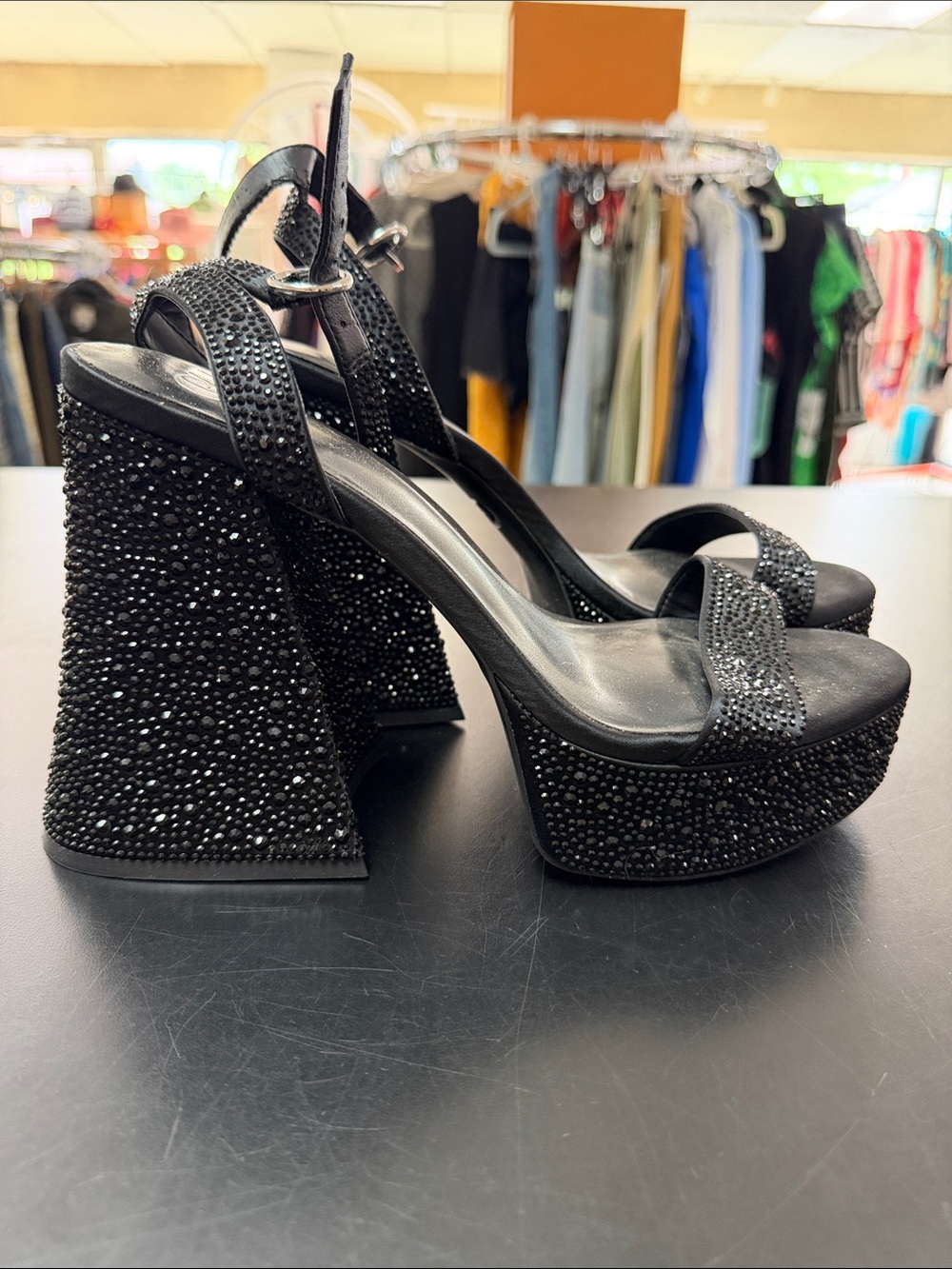 Gianni Bini Black Crystal Platform Block Heel Sandals